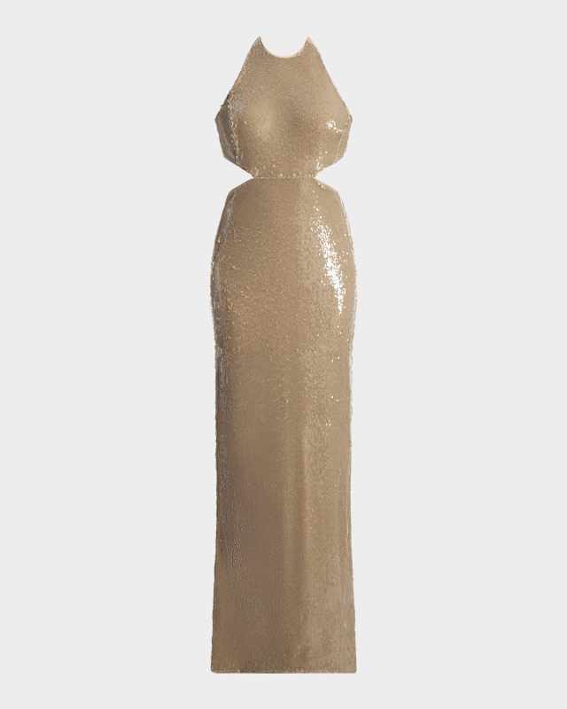 Cutout Sequin Halter Gown